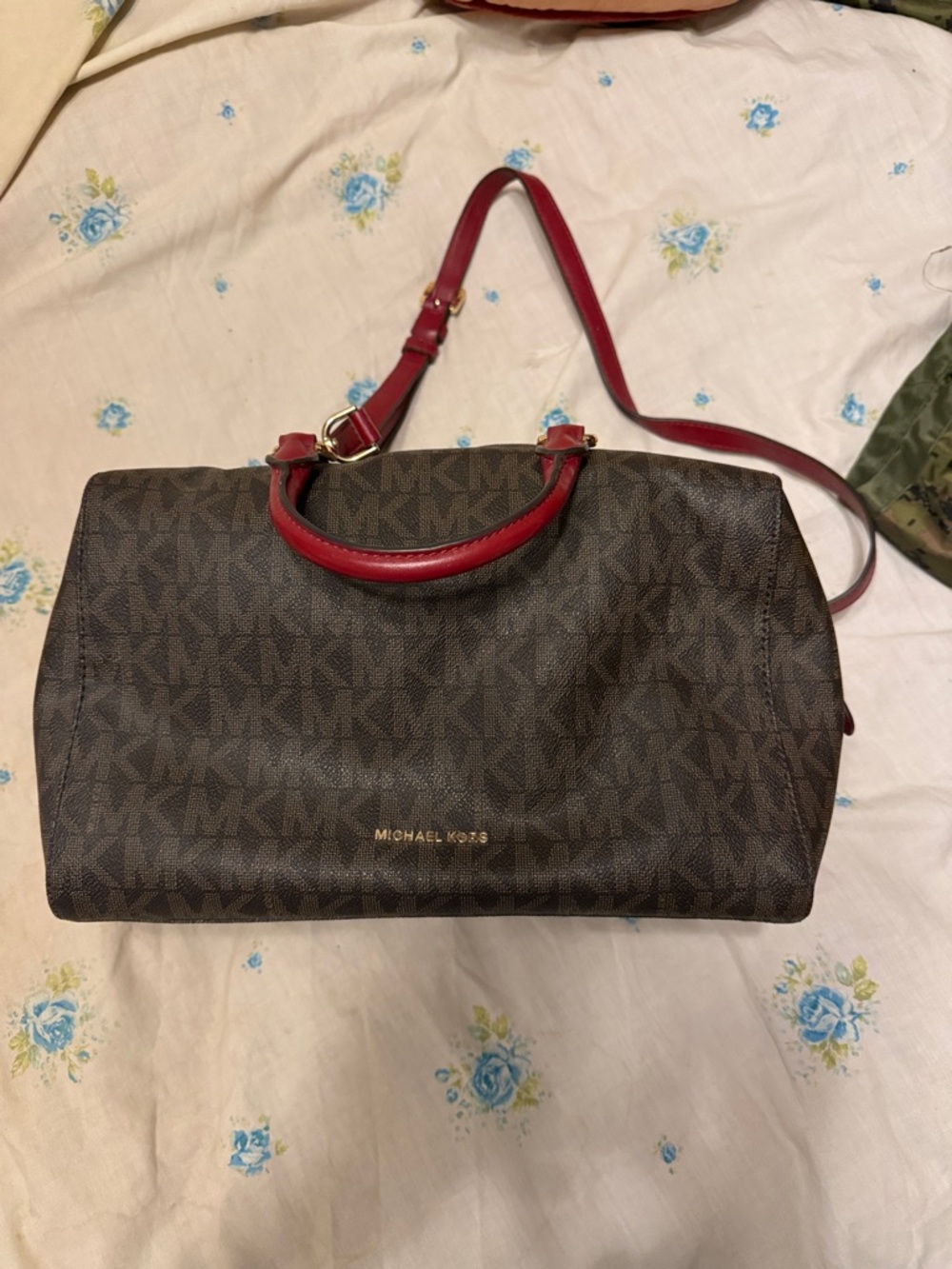 Michael Kors Brown Signature Satchel with Red Handles